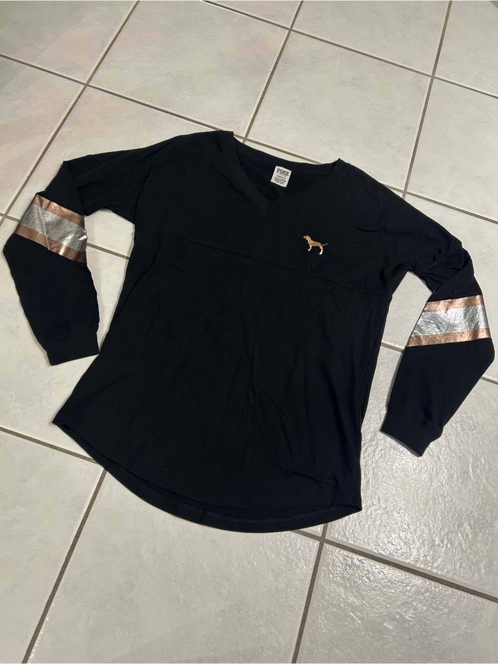 PINK Victoria's Secret Black V-Neck Top with Small Metallic Accent